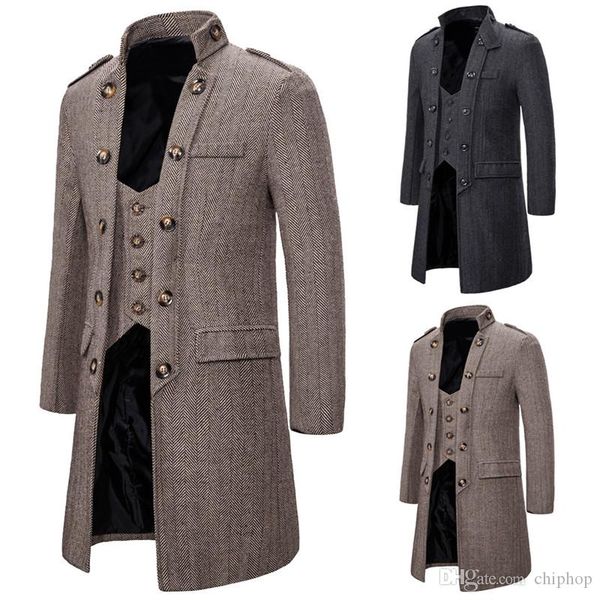 

mens конструктора windbreak поддельные две пьесы осень и зима ретро стиль с длинными рукавами стенд воротник плащи мужская мода пальто, Tan;black