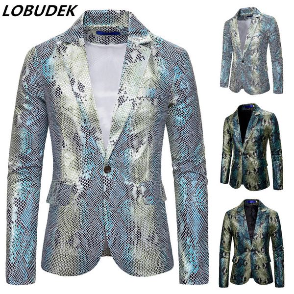 

men singer nightclub stage costume green snake pattern blazers one button fish scale print slim fit blazers banquet club blazer, White;black