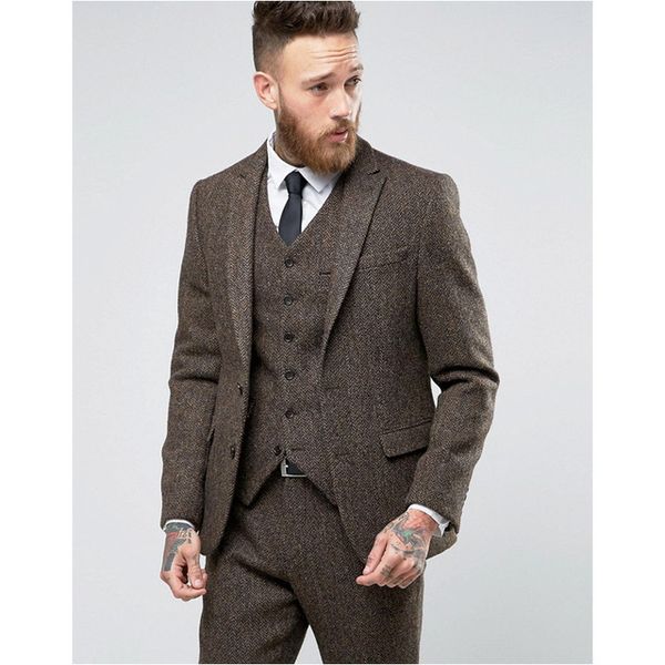 

brown smoking tweed men suit 2018 fashion 3 pieces groom tuxedo mens suits custom made slim fit groomsmen ( jacket+pants+vest, White;black