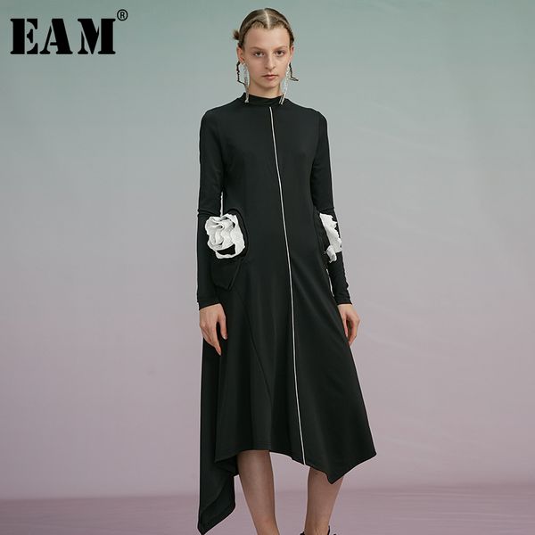 

eam] women black asymmetrical knitting dress new stand collar long sleeve loose fit fashion tide spring autumn 2019 19a-a469, Black;gray