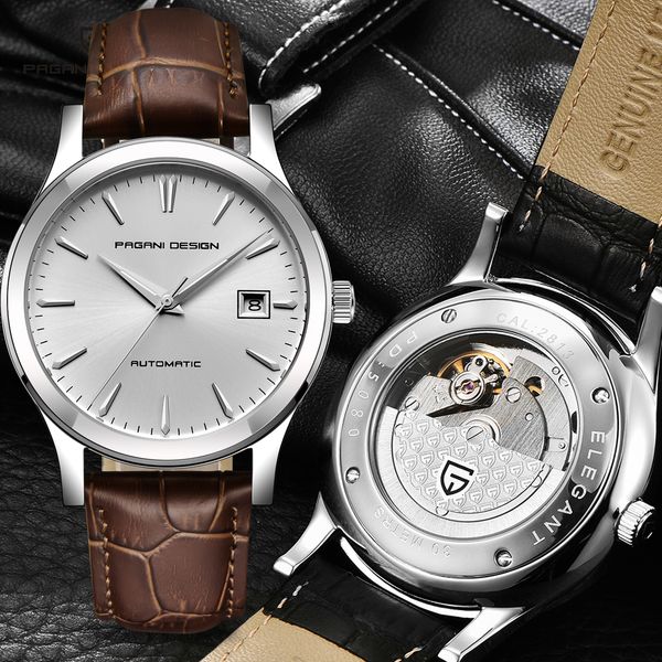 

2019 new men's classic automatic mechanical watch business waterproof clock luxury brand leather sports watch gift box, Slivery;brown