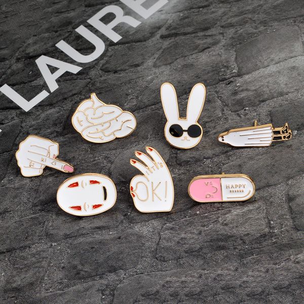 

cute cartoon animal rabbit ok posture metal kawaii enamel pin badge buttons brooch shirt denim jacket bag decorative brooches for women, Gray