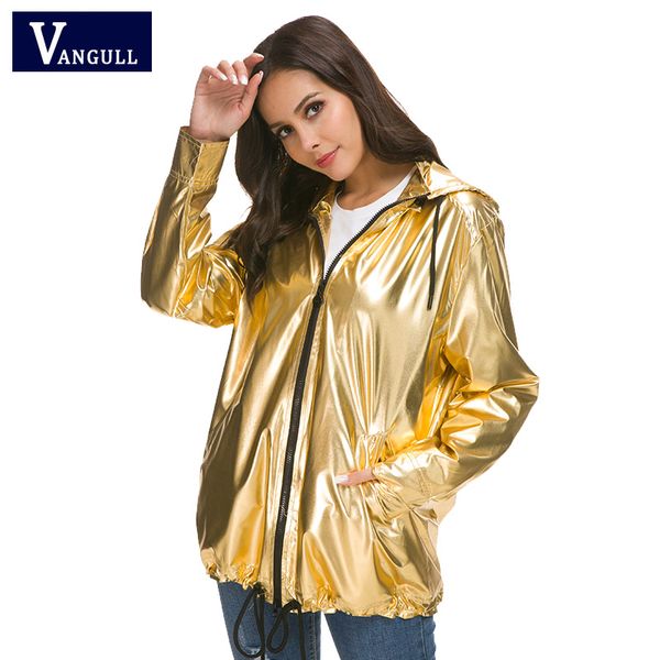 

vangull fashion shiny gold jacket women hooded coat jacket fluorescent 2019 new spring drawstring coat showerproof outerwear, Black;brown