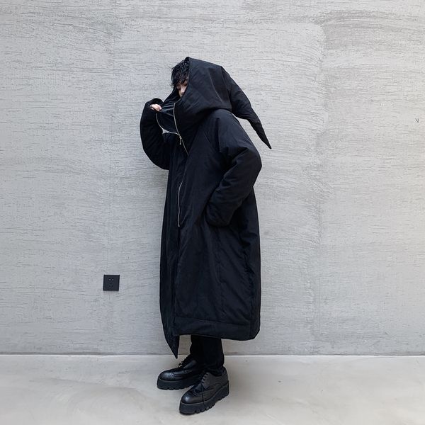 

harajuku wizard hat design asymmetry men casual hooded parka winter men fashion patchwork cotton loose coat thick warm jacket, Black