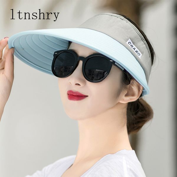 

sun hat summer empty hats fashion visors women foldable wide brim with outdoor travel beach cap anti-uv headwear sunscreen, Blue;gray