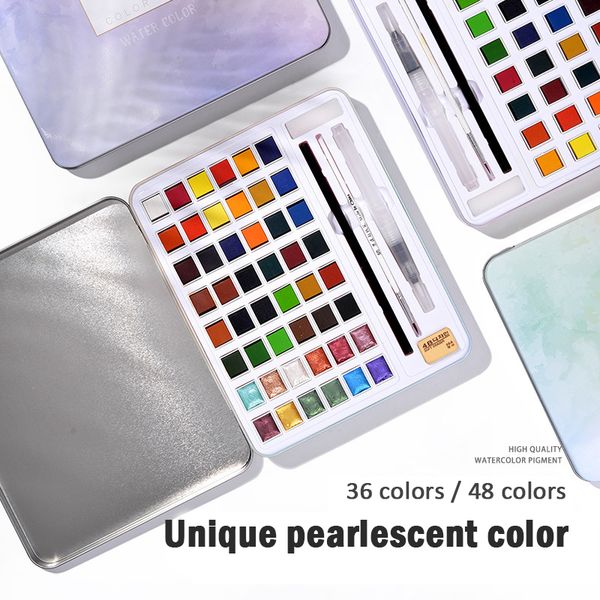 

48colors glitter solid watercolor paint set not-toxic with portable metal case palette paint brush pen for painting art supplies