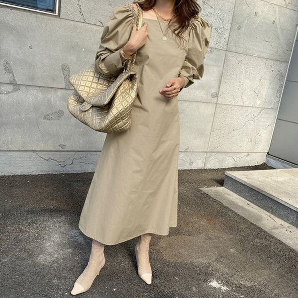 

ewq] 2020 весна новых минималистского puff площадь рукава воротник повседневных женщины платье корея стиль сыпучие тонкая дама платье qz342, Black;gray