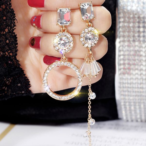 

new temperament long asymmetrical micro-set crystal tassel earrings female korean version of the personality influx of earrings, Golden;silver