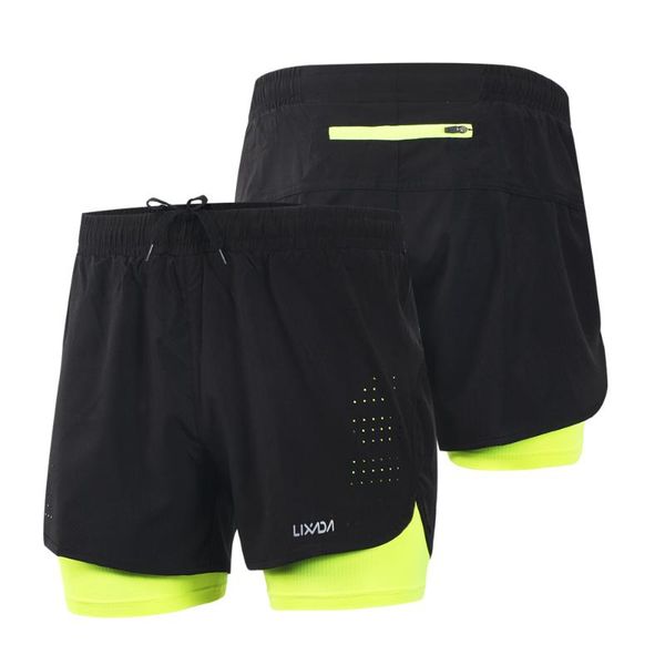 

new men 2-in-1 running shorts quick drying breathable gym sports shorts training exercise jogging cycling longer liner, Black;blue