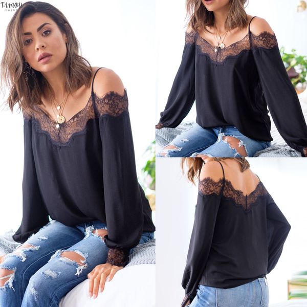 

2020 off shoulder lace patchwork strapless long sleeve women blouse fall women and blouse, White
