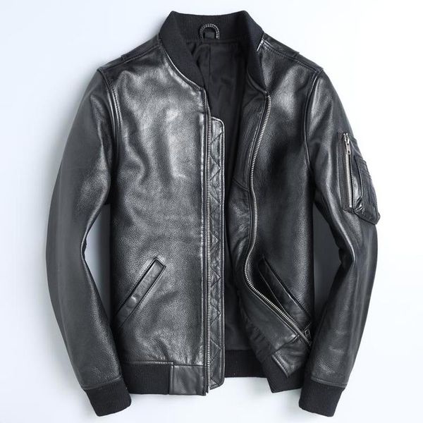 

real leather jacket men spring autumn cow leather jacekt motorcycle bomber jacket mens clothing jaqueta de couro 1813 yy1018, Black