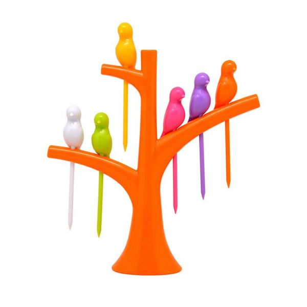 

6 шт +1 подставка птицы дерево форма фрукты вилка пластиковые овощные вилки фрукты закуски десертные вилки держатель для вечеринки