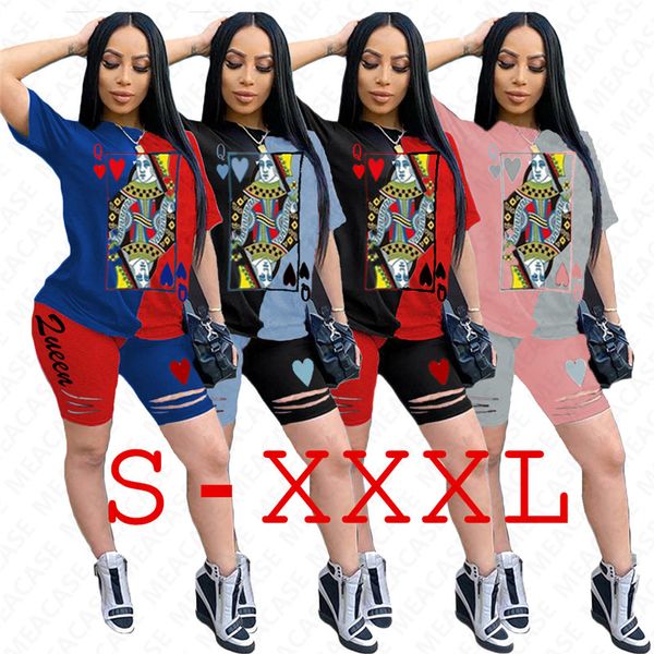 

конструктор 2020 конструктор мультфильмы outfit рваных дыр шорт комплект женского tracksuit спортивные лоскутная цвет tshirt + шорты ткань к, White