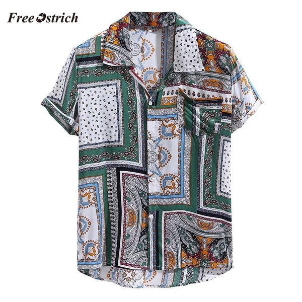 

ostrich men shirts short sleeve 2019 mens vintage ethnic printed turn down collar short sleeve loose casual shirts 91128, White;black