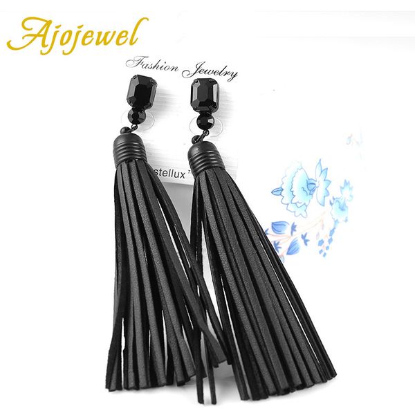 

ajojewel trendy vintage black glass crystal long tassel designer handmade red / black leather earrings for women, Silver