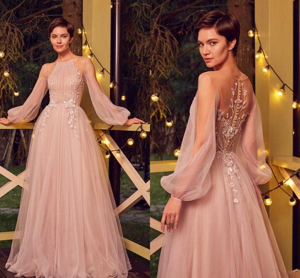 

blush pink evening dresses scoop neck appliqued beaded prom dress long sleeves ruffle sweep train custom made formal party gown, Black