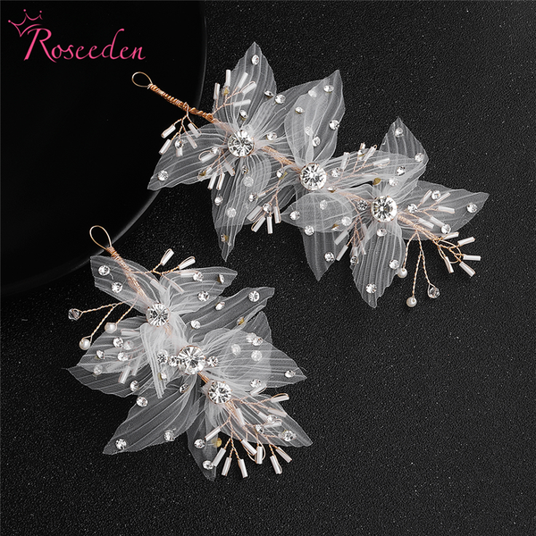 

romantic 2 pieces white lace flowers crystal bride hair headband bride headpiece women wedding hair accessories jewelry re3556, Golden;white