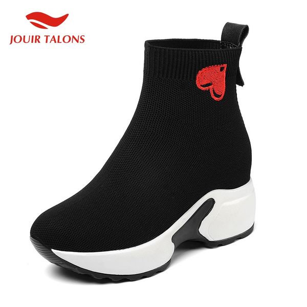 

brand lady chunky heels sock boots shoes woman casual leisure light soft autumn winter ankle boots women sneakers, Black