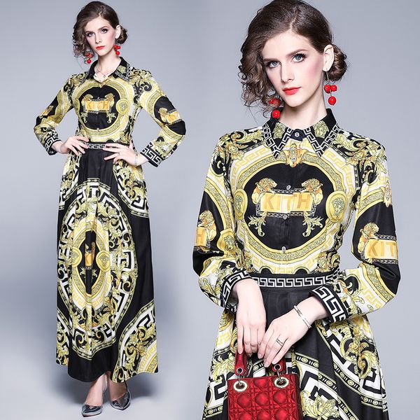 

2020 new baroque print luxury dress women fashion long sleeve runway elegant ladies shirt dresses plus size elegant office designer dress, Black;gray