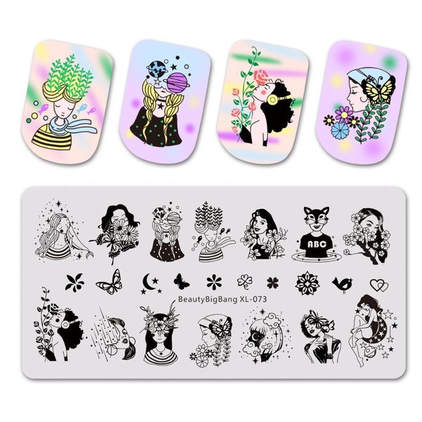 

beautybigbang stamping plate beauty girl flower butterfly image 6*12cm nail stamping stencil for nail polish art xl-073, White