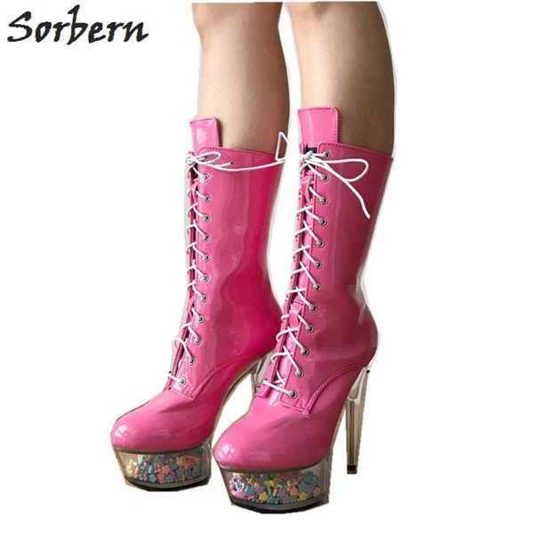 

candy pink 6inch boot women custom high heels no frills twins clear rattle platform heels star bead pole dance, Black
