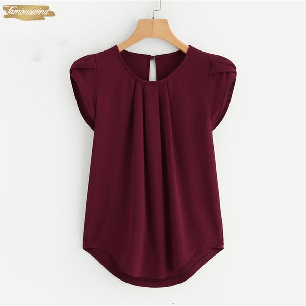 

burgundy asymmetrical blouse petal sleeve pleated detail solid short sleeve shirt summer women work ol blouse, White
