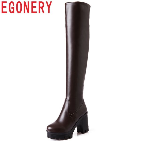 

egonery 2018 round toe super high square heel platform slip-on winter outside warm fashion over the knee boots, Black