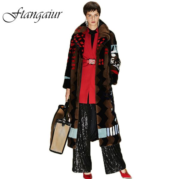 

ftangaiur 2019 winter import velvet coat mosaic process print with sashes mink coat women's x-long real coats, Black