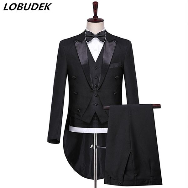 

jacket+vest+tie+belt+pants) suits male magician stage performance black white swallowtail suit 3 pieces set singer host costume, White;black