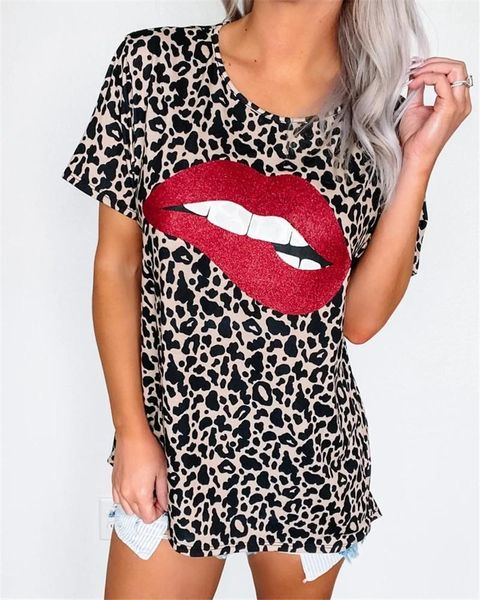 

print womens casual tshirts fashion crew neck short sleeve designer womens summer clothes leopard and lip, White
