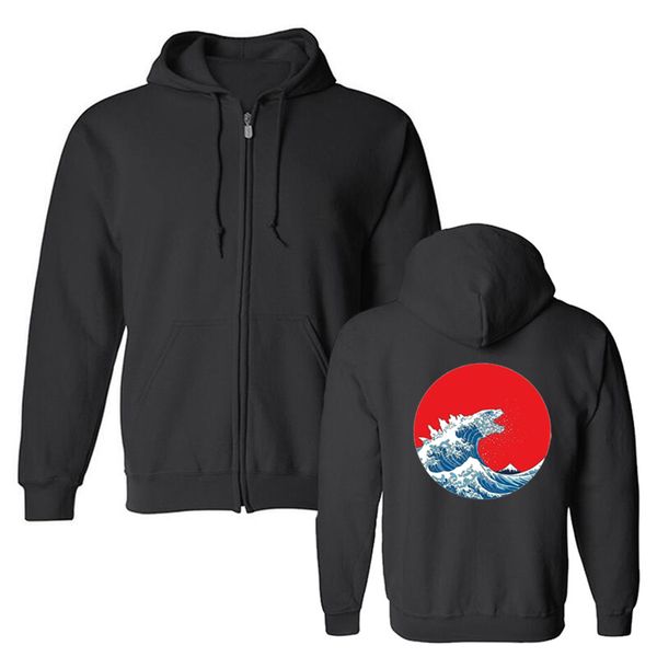 

men's hoodies hokusai kaiju the great wave off kanagawa culture hooded cool sweatshirt harajuku streetwear, Black