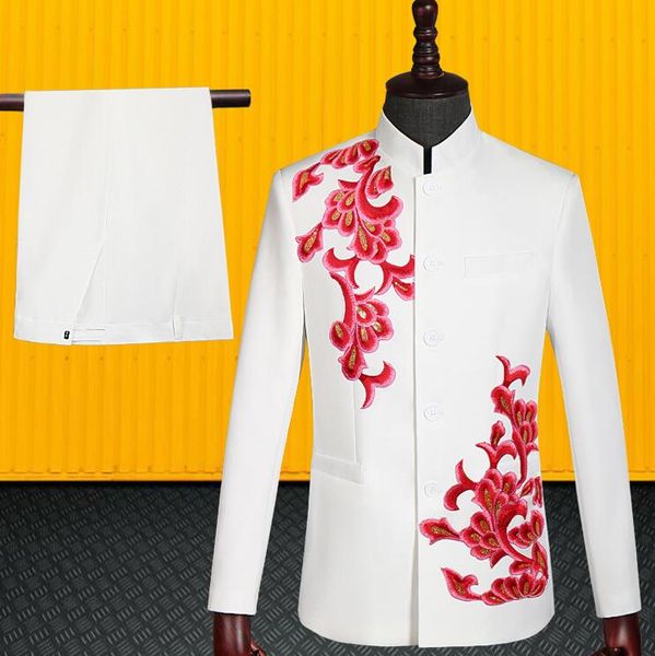 

blazer men chinese tunic suit set with pants mens wedding suits costume singer chinese style stage clothing formal dress white, White;black