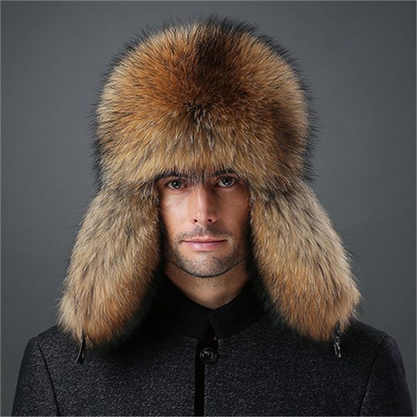 Cappello da uomo in vera pelliccia di volpe e vera pelle russo Ushanka Winter Warm Aviator Trapper Bomber Ski Earmuffs Cap