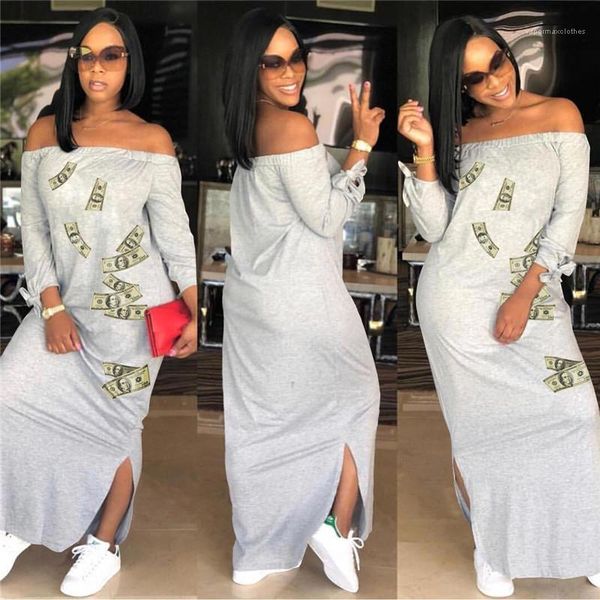 

neck split summer womens dresses fashion bowknot sleeve long casual dresses dollar print slash, Black;gray