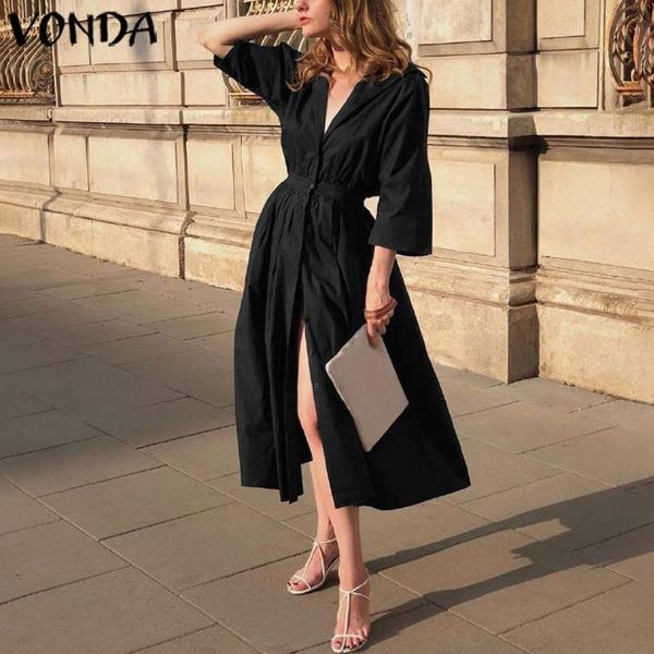 

women elegant party long dress cotton lapel button down shirt dress vonda 2020 summer casual loose vestidos plus size, Black;gray