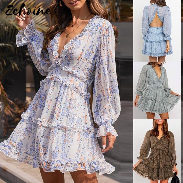 

echoine sweet floral print chiffon dress women v neck ruffled long sleeves waist down open back short dress on holiday, Black;gray