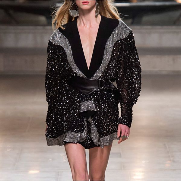 

2020 spring runway designer sequined diamonds shiny ruffles draped dress women long sleeve v-neck fashion mini dress with belt, Black;gray