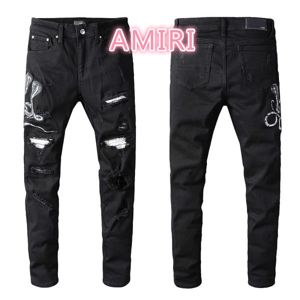 

дизайнер франция улица прилив амир джинсы европейский и американский амири хип-хоп мода брызги краски цвет промытые брюки ноги отверстие # 6, Blue