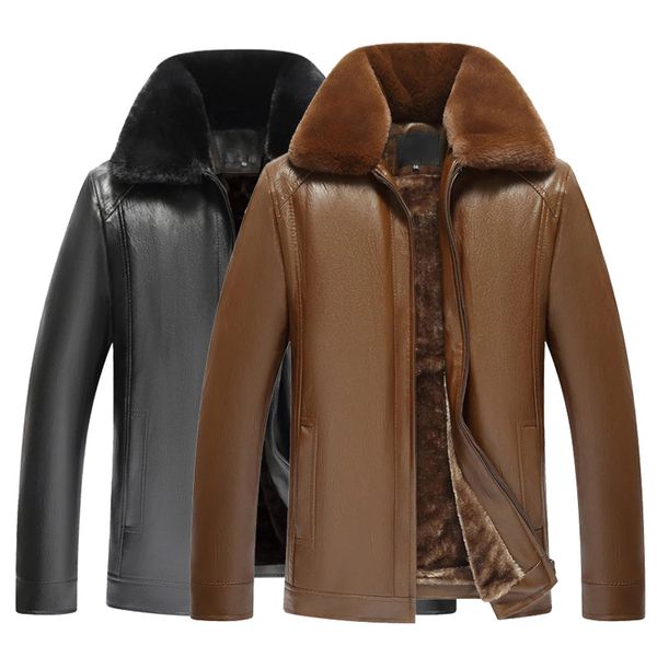 

thick pu leather jacket winter coat for men jacket with thick inner fleece stand collar clothes, Black