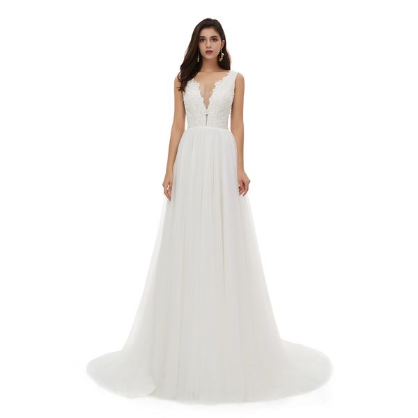 

2020 new designer wedding dress lace wedding dresses simple a line lace bridal gown deep v neckline wedding gowns, White