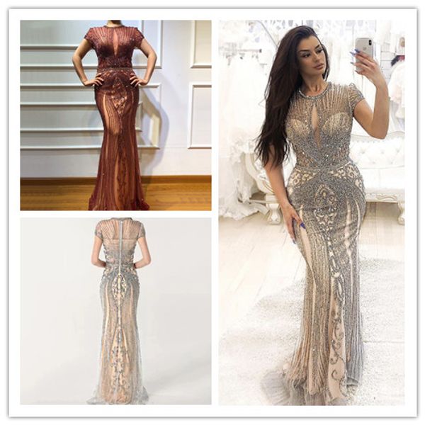 

2020 hand sewn beads with built-in bra, and silky evening dress jewel short sleeve zipper pleats all size runway fashion prom dresses, Black;red