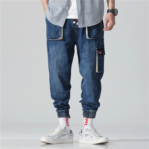 

multi-pocket men's blue jeans spring and summer style of overalls nine-cent casual harem pants hip hop loose nine pants,x6915