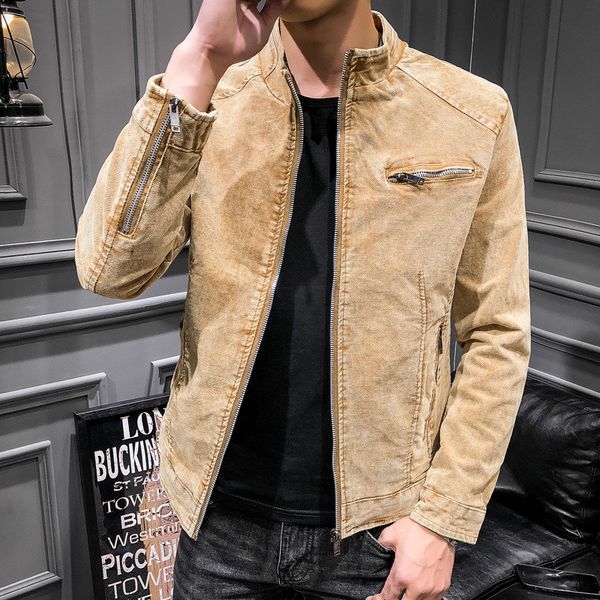 

retro denim jacket men autumn winter casual thick yellow jacket male korean mens slim cotton vintage oversized coat boy 3xl, Black;brown