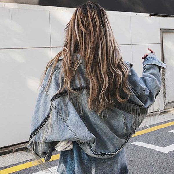 

women fashion punk heavy meatal denim jacket tassel light blue jeans jacket fringe street wear loose poncho sleeve outwear girl, Black;brown