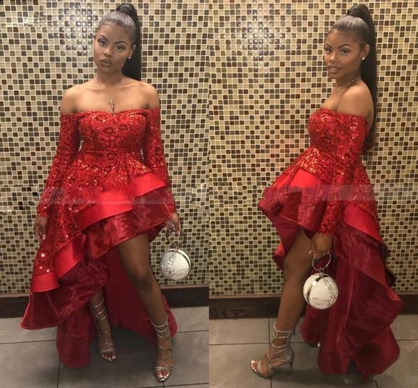 

Little Cocktail Dresses Red Sequins Black Girls Prom Party Dresses With Long Sleeves Off the Shoulder Lace Appliqued Hi-lo Vestidos de Z104
