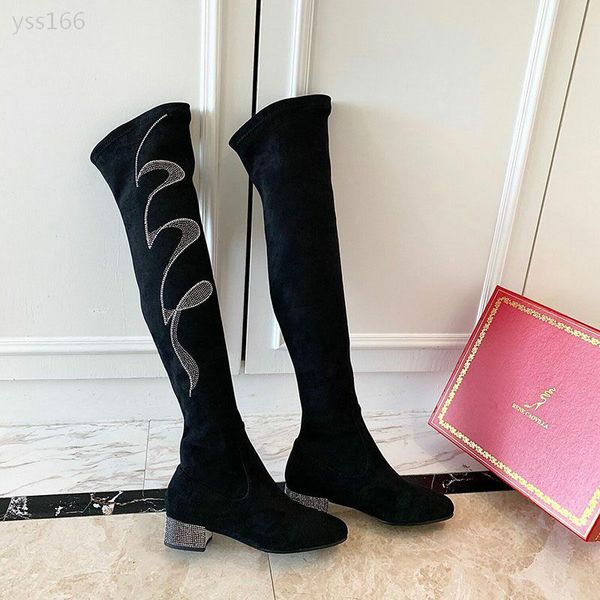 

2019 cow suede ladies long black boots slip-on classic round toe square heel stretch over the knee boots for women