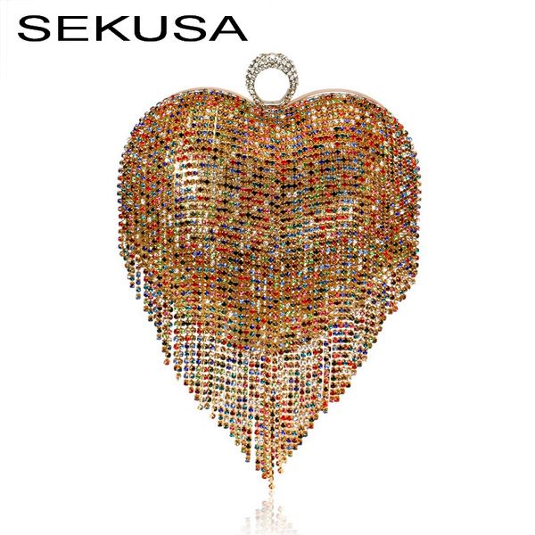 

sekusa heart design women evening bags tassel diamonds finger ring luxury 2020 new day clutch for paryt handbags purse