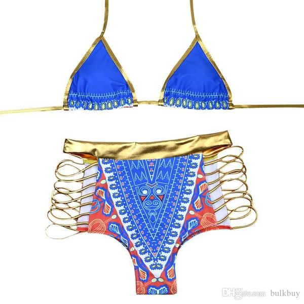 

women summer gold high waist push up bikini bandage swimsuit hollow out printed swimwear bathing suit