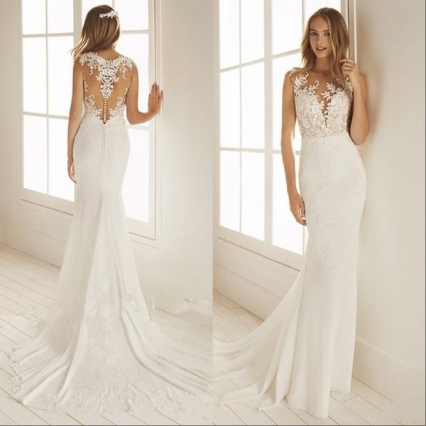

mermaid wedding dresses beach lace applique illusion bodice bohemian wedding dress bridal gown vestido de noiva with buttons, White