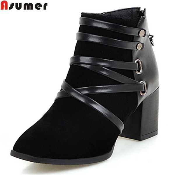 

asumer black apricot autumn winter new arrive women boots zipper flock narrow band ankle boots square heel big size 34-43